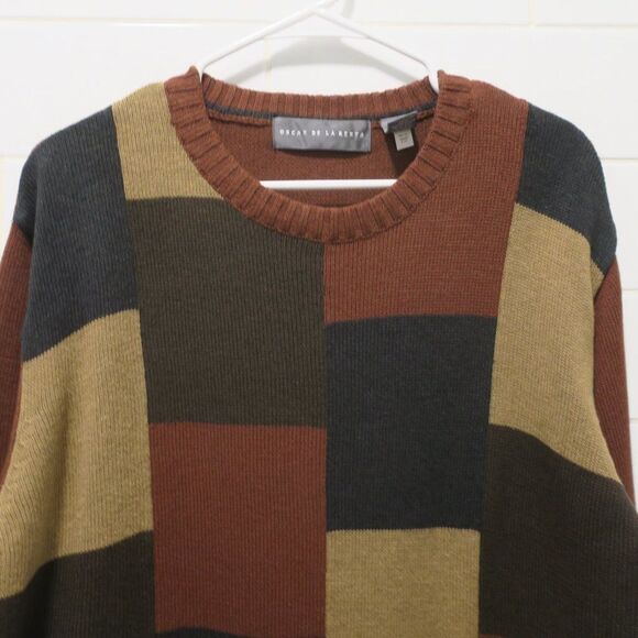 OSCAR DE LA RENTA vintage mens sweater knit brown Large block cotton grandpa pul - Picture 3 of 11